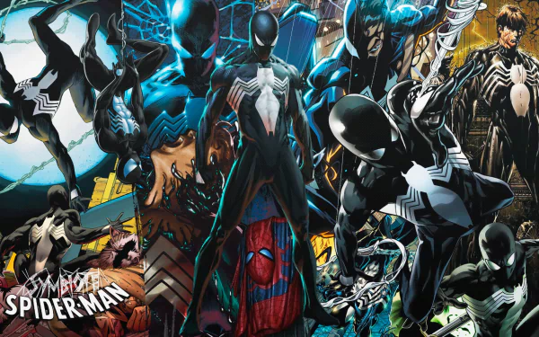 HD PC desktop wallpaper featuring multiple dynamic poses of Spider-Man in his black symbiote suit against a vibrant, electric blue background.