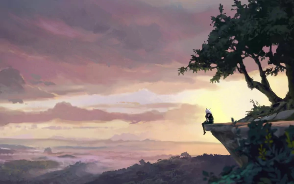 HD desktop wallpaper featuring Rayla from The Dragon Prince sitting on a cliff edge beneath a tree, overlooking a vast, colorful sunset landscape.