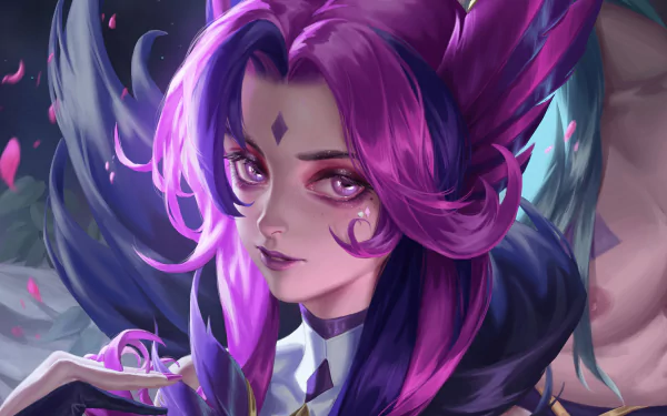 HD wallpaper featuring Xayah from League of Legends as a Star Guardian, showcasing her vibrant purple hair and enchanting gaze amidst a magical backdrop.