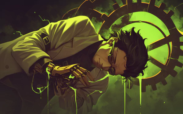 HD wallpaper featuring Rintaro Okabe from the anime Steins;Gate, showcasing vibrant colors and dynamic design that captures the essence of the series.