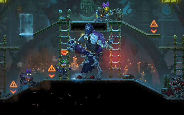 HD desktop wallpaper featuring characters and scenes from the video game SteamWorld Heist II, showcasing vibrant visuals and dynamic action elements.