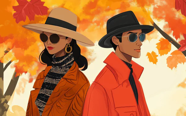 A stylish couple poses amidst vibrant autumn leaves, showcasing chic fall fashion in HD. The woman sports a wide-brimmed hat and sunglasses, while the man wears a sleek black hat.
