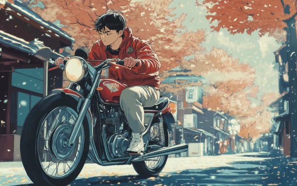 A retro anime-inspired HD desktop wallpaper featuring a young man riding a motorcycle through a picturesque autumn scene with vibrant leaves and traditional buildings.