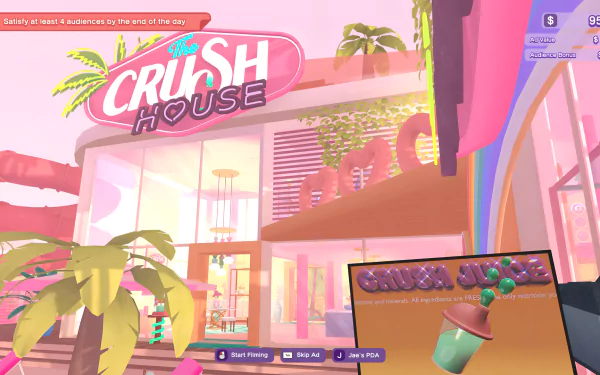 HD PC desktop wallpaper featuring a vibrant, pastel-themed scene from the video game The Crush House, showcasing a retro-style house with palm trees and bright signage.