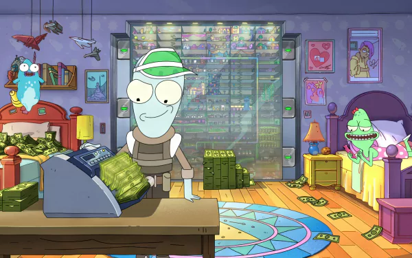 A vibrant HD desktop wallpaper from the TV show Solar Opposites, featuring animated characters in a colorful room, surrounded by money and quirky decor.