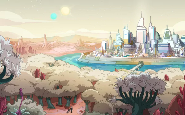 A vibrant HD wallpaper from the TV show Solar Opposites, showcasing a futuristic city by a river surrounded by whimsical trees and a colorful landscape under two suns.