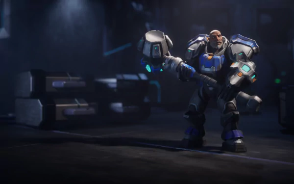 A dynamic HD desktop wallpaper from the video game Stormgate, featuring a muscular character wielding a large hammer in a dark, futuristic environment.