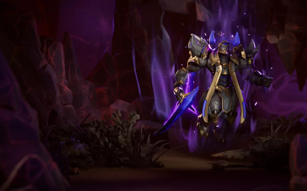 A dramatic HD desktop wallpaper from the video game Stormgate, featuring a fierce, armored warrior amidst a mysterious, purple-lit landscape.