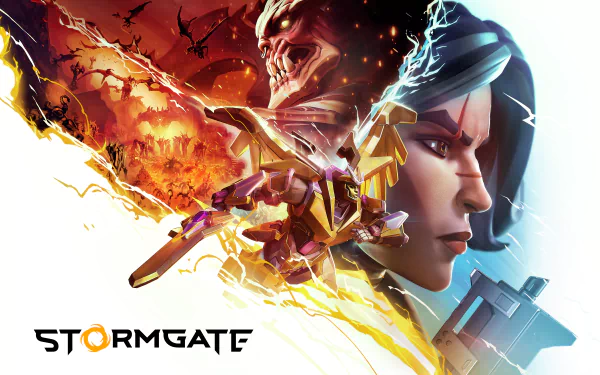 HD desktop wallpaper featuring characters and elements from the video game Stormgate, showcasing a dynamic clash between heroes and dark forces.