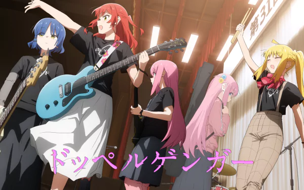 HD anime desktop wallpaper featuring the cast of Bocchi the Rock! playing instruments in a vibrant indoor setting.