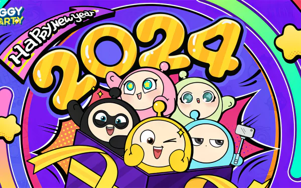 A vibrant HD wallpaper featuring characters from the video game Eggy Party celebrating the New Year 2024 with colorful graphics and festive elements.