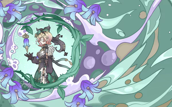 A vibrant HD wallpaper featuring Emilie from Genshin Impact, surrounded by swirling green patterns and purple flowers, creating an enchanting visual experience for fans.