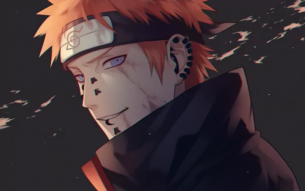 Anime HD wallpaper featuring Pain from Naruto, showcasing his distinctive Rinnegan and striking orange hair, set against a dark, atmospheric background.