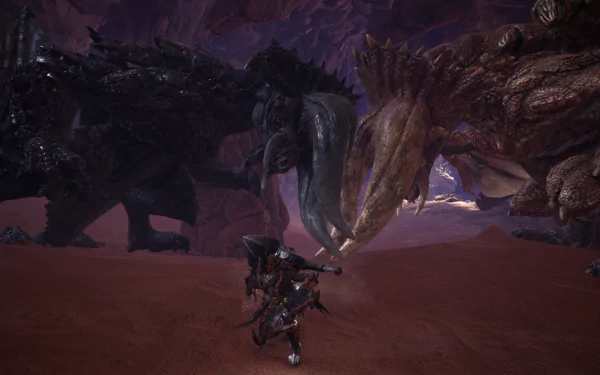 An HD desktop wallpaper featuring elements from the video game Monster Hunter: World, showcasing the vibrant and immersive world of monster hunting.