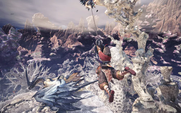 A vibrant HD desktop wallpaper featuring scenes and characters from Monster Hunter: World, showcasing the thrilling adventures and stunning visuals of the popular video game series.