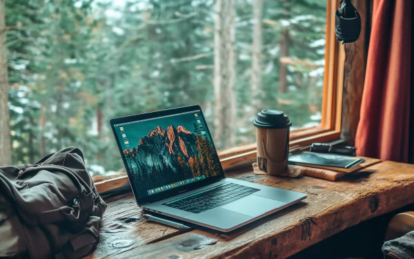 A cozy workspace featuring a laptop on a wooden table with a coffee cup, set against a backdrop of trees outside a window—an inspiring digital nomad wallpaper.