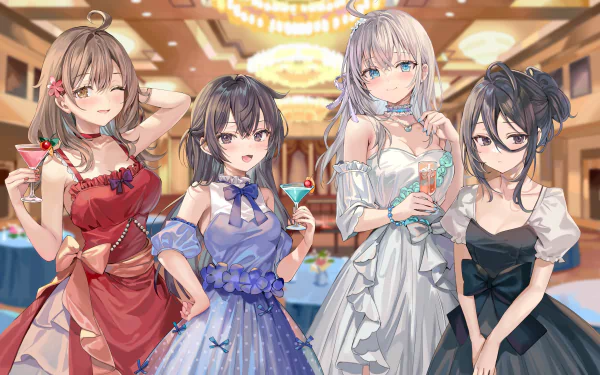 4K Ultra HD anime wallpaper featuring four stylish girls—Alya Sometimes Hides Her Feelings, Alisa Mikhailovna Kujou, and Yuki Suou—posing in elegant dresses at a glamorous indoor event.