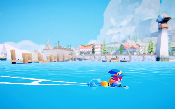 A vibrant HD wallpaper from the video game *Mika and The Witch's Mountain*, featuring Mika navigating bright blue waters with a charming coastal village in the background.