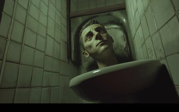 A surreal HD desktop wallpaper featuring a humanoid head emerging from a toilet, set against a tiled bathroom background, embodying the quirky essence of Skibidi Toilet.