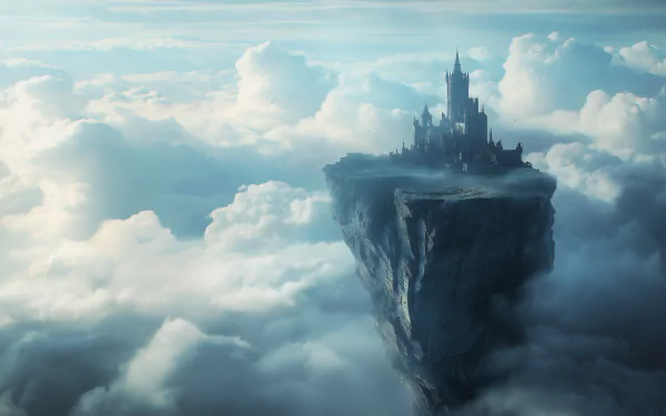 A fantasy castle perched on a floating rock island surrounded by a vast cloudscape, rendered in stunning HD for a PC desktop wallpaper.