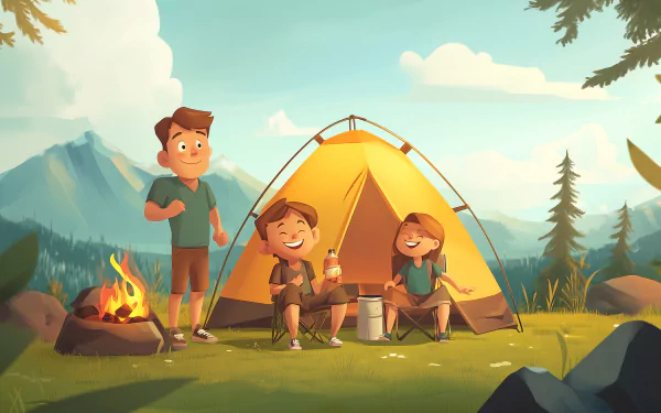 A happy family enjoys a camping trip, surrounded by nature. This HD desktop wallpaper captures the joy and togetherness of outdoor adventures.