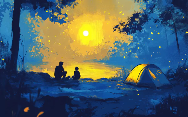 A serene camping scene Features a person and child sitting by a glowing tent under a bright moon, surrounded by lush trees, creating a peaceful nighttime atmosphere.
