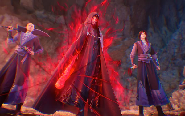 A striking HD wallpaper from the TV show Zhu Xian Jade Dynasty, featuring three characters, one wielding a glowing red weapon, set against a dramatic rocky backdrop.