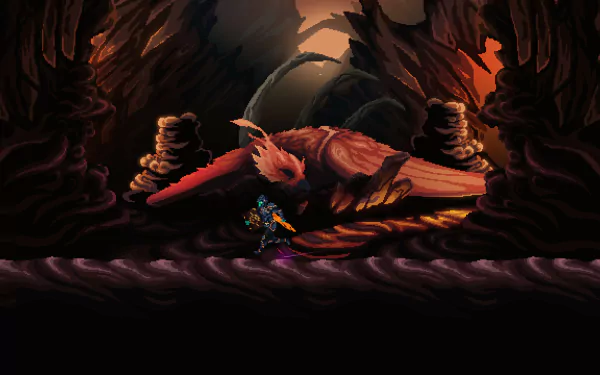 A captivating HD desktop wallpaper from Death's Gambit: Afterlife, featuring a character confronting a giant creature in a dramatic, dark environment.