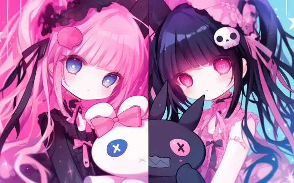HD wallpaper featuring My Melody and Kuromi from Onegai My Melody, showcasing their distinct pink and black aesthetics with vibrant colors and cute plush characters.