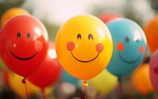 Colorful balloons with cheerful smiley faces evoke happiness and joy. This vibrant HD wallpaper captures the essence of smiling, making it a delightful backdrop for any desktop.
