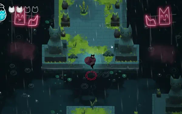 A captivating HD desktop wallpaper from the video game Crypt Custodian, featuring a character navigating a mystical, rain-soaked landscape adorned with glowing statues.