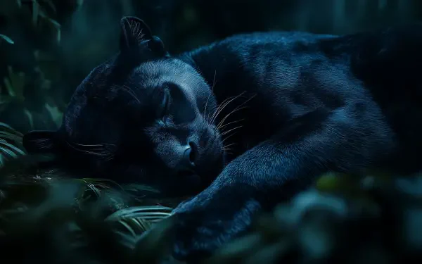 A serene black panther sleeps peacefully amidst lush greenery, captured in stunning HD detail, making for a captivating desktop wallpaper.
