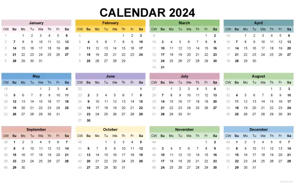 A vibrant 2024 calendar displayed in a grid format, featuring each month in different colors, designed as a high-definition desktop wallpaper and background.