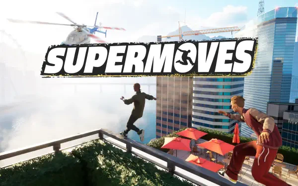 HD desktop wallpaper featuring action-packed scene from the video game Supermoves, showcasing characters leaping between skyscrapers as a helicopter hovers overhead.