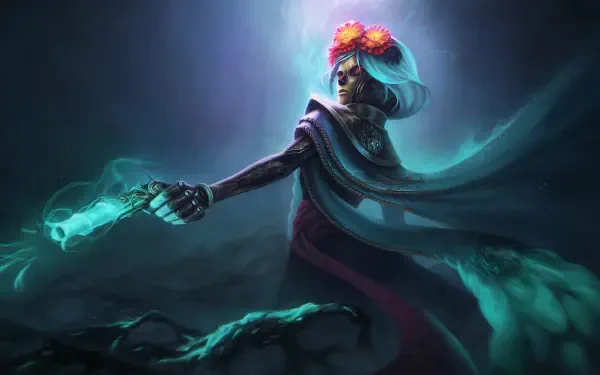HD desktop wallpaper featuring Muerta from DotA 2, showcasing her mystical abilities with a glowing gun and a dramatic, ethereal background.