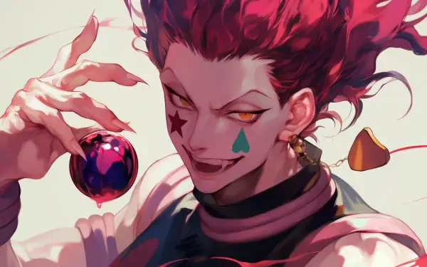 A vibrant HD wallpaper featuring Hisoka from Hunter x Hunter, showcasing his playful yet menacing expression, with distinctive clown makeup and a colorful background.