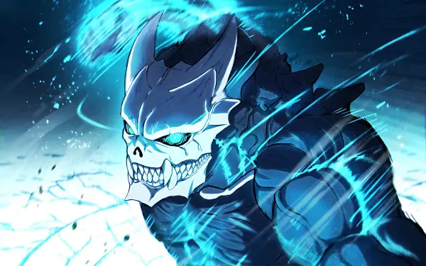 HD desktop wallpaper featuring Kafka Hibino from Kaiju No. 8, showcasing a dynamic action pose with electric blue effects and a striking skull-themed design.