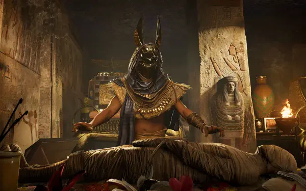 HD desktop wallpaper featuring a mummy from the video game Assassin's Creed Origins, showcasing a captivating and immersive gaming atmosphere.