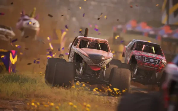 High-definition wallpaper featuring an intense scene from Monster Jam Showdown, showcasing powerful monster trucks racing through a vibrant, dynamic environment.