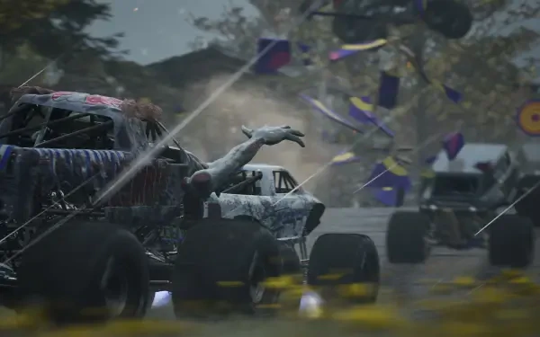 An action-packed HD wallpaper featuring intense monster truck racing from the video game Monster Jam Showdown, showcasing dynamic movement and a thrilling atmosphere.