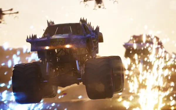 HD desktop wallpaper featuring dynamic scenes from the video game Monster Jam Showdown, capturing the excitement and thrill of monster truck action.