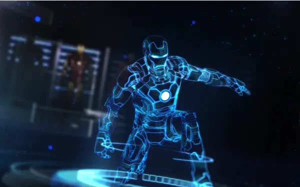 A dynamic hologram of Iron Man in a digital environment, showcasing his iconic armor and stance, serves as an eye-catching HD PC desktop wallpaper and background.