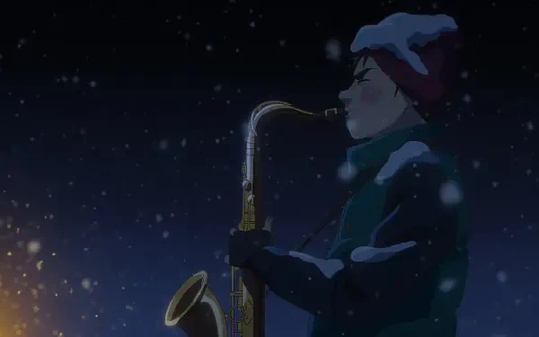 An animated character from Blue Giant plays a saxophone against a snowy night backdrop, evoking a sense of calm and creativity in this HD desktop wallpaper.