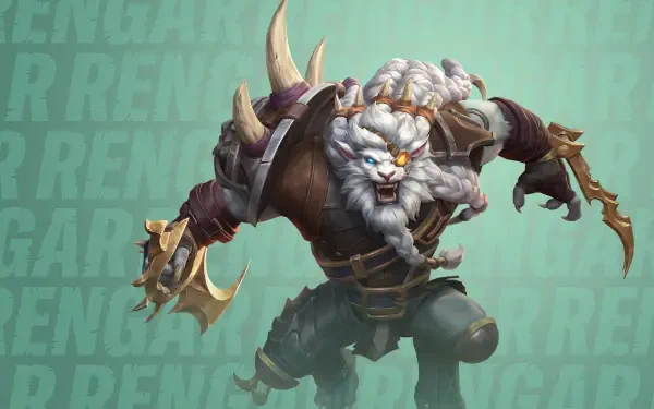 A dynamic 4K Ultra HD wallpaper featuring Rengar from League of Legends: Wild Rift, showcasing the character's fierce presence in an engaging video game setting.