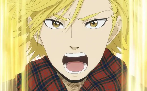 Close-up of an intense blonde anime character from Murai in Love, featured in an HD PC desktop wallpaper and background.