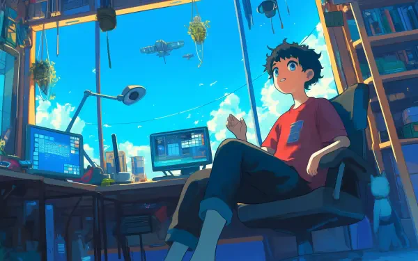 A tranquil lofi scene featuring a young person relaxing in a cozy room, surrounded by computer screens and a bright sky filled with clouds and flying objects, offering a chill atmosphere.