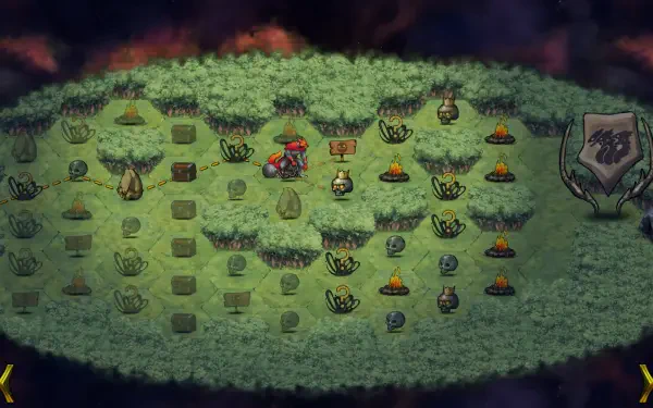A vibrant desktop wallpaper featuring gameplay from the video game Demon's Mirror, showcasing a lush green environment filled with various interactive elements and characters.