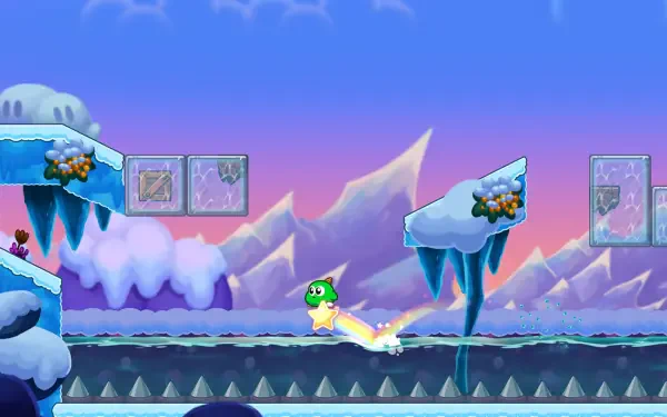 A vibrant HD wallpaper from the video game Gimmick! 2, showcasing a colorful icy landscape with a character gliding on a rainbow-colored trail against a pastel sky.