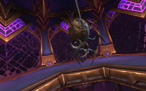 A detailed 4K Ultra HD background from World of Warcraft: The War Within, showcasing intricate architecture with a spider-like creature suspended in a vibrant, mystical setting.