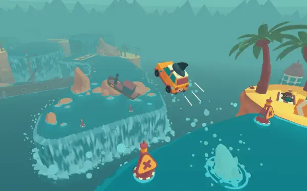 An HD desktop wallpaper featuring a vibrant scene from the video game WHAT THE CAR?, showcasing a whimsical car jumping over islands and water, surrounded by playful characters.